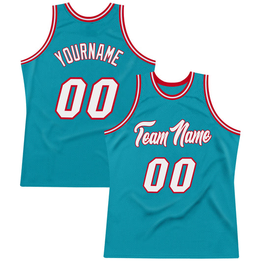 Custom Teal White-Red Authentic Throwback Basketball Jersey - Sky-Custom