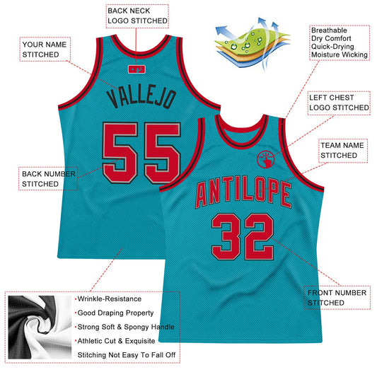 Custom Teal Red-Black Authentic Throwback Basketball Jersey - Sky-Custom