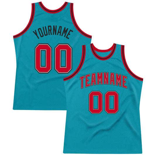 Custom Teal Red-Black Authentic Throwback Basketball Jersey - Sky-Custom