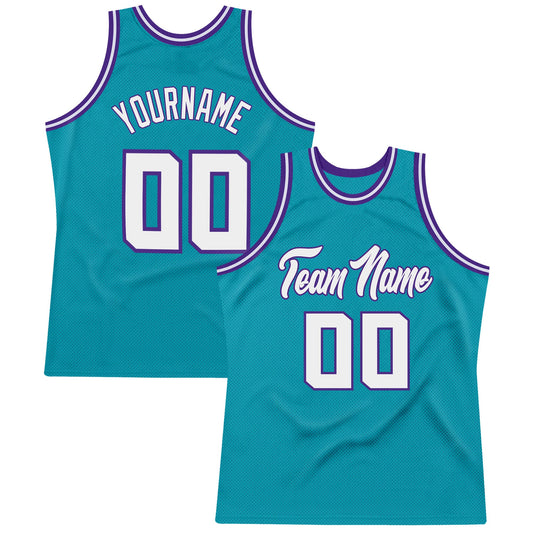 Custom Teal White-Purple Authentic Throwback Basketball Jersey - Sky-Custom