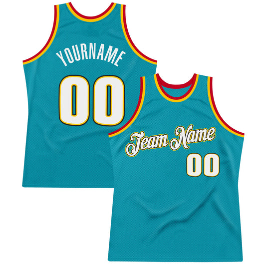 Custom Teal White-Gold Authentic Throwback Basketball Jersey - Sky-Custom
