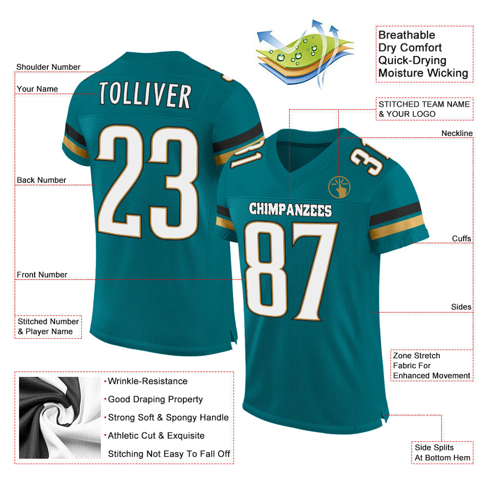 Custom Teal White-Old Gold Mesh Authentic Football Jersey - Sky-Custom