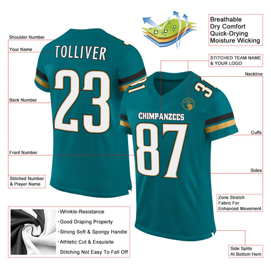 Custom Teal White-Old Gold Mesh Authentic Football Jersey - Sky-Custom