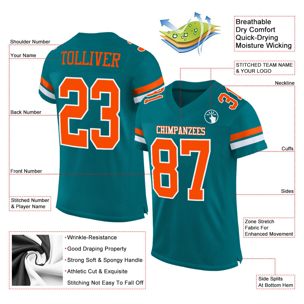 Custom Teal Orange-White Mesh Authentic Football Jersey - Sky-Custom