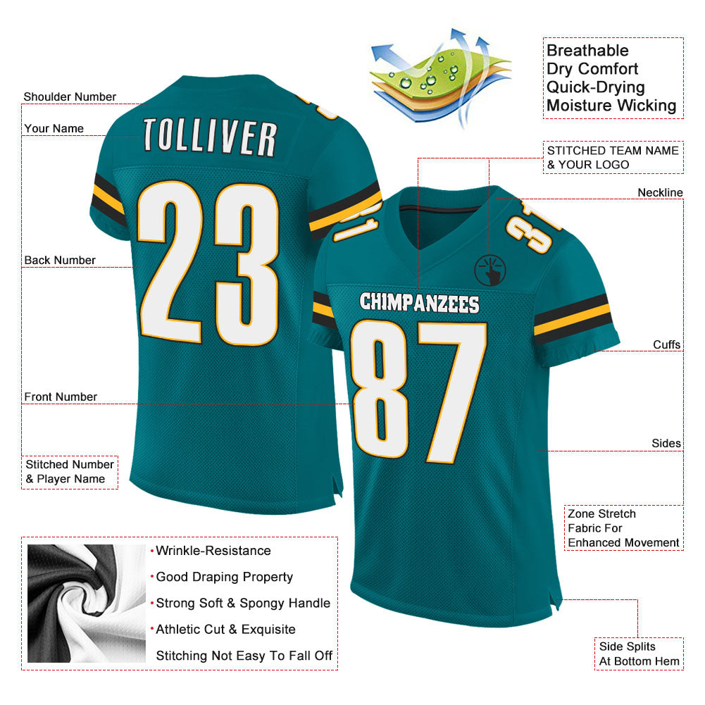 Custom Teal White-Gold Mesh Authentic Football Jersey - Sky-Custom