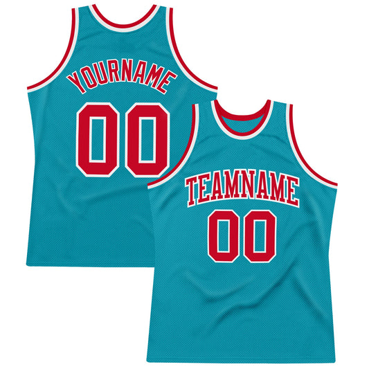 Custom Teal Red-White Authentic Throwback Basketball Jersey - Sky-Custom
