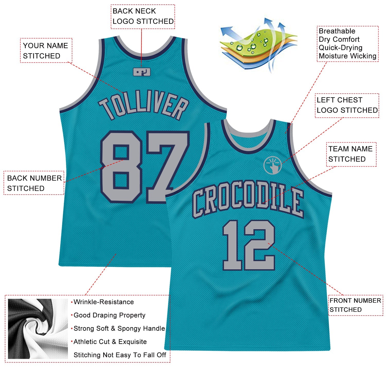 Custom Teal Gray-Navy Authentic Throwback Basketball Jersey - Sky-Custom