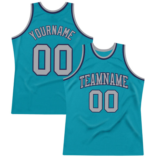 Custom Teal Gray-Navy Authentic Throwback Basketball Jersey - Sky-Custom