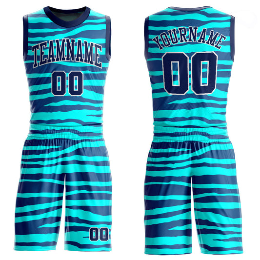 Custom Teal Navy-White Round Neck Sublimation Basketball Suit Jersey - Sky-Custom