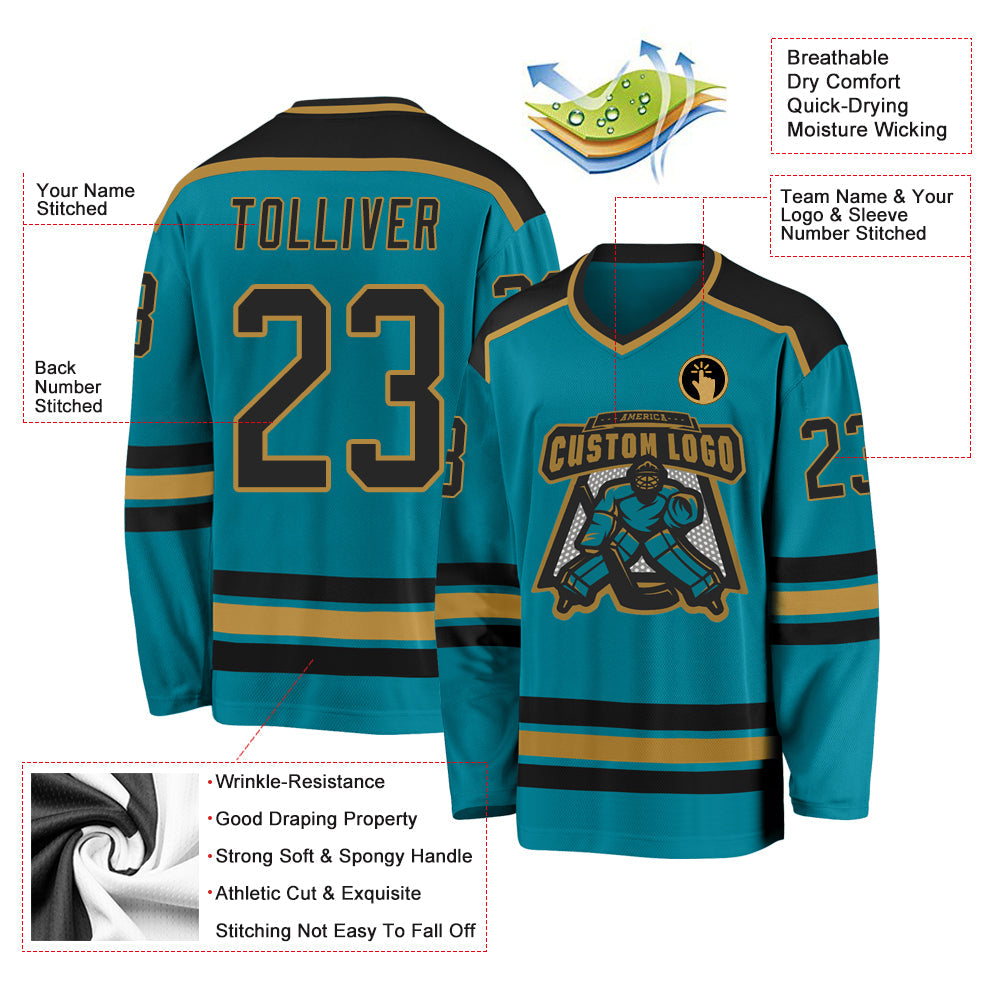 Custom Teal Black-Old Gold Hockey Jersey - Sky-Custom