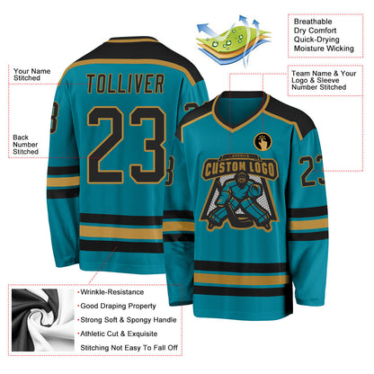 Custom Teal Black-Old Gold Hockey Jersey - Sky-Custom