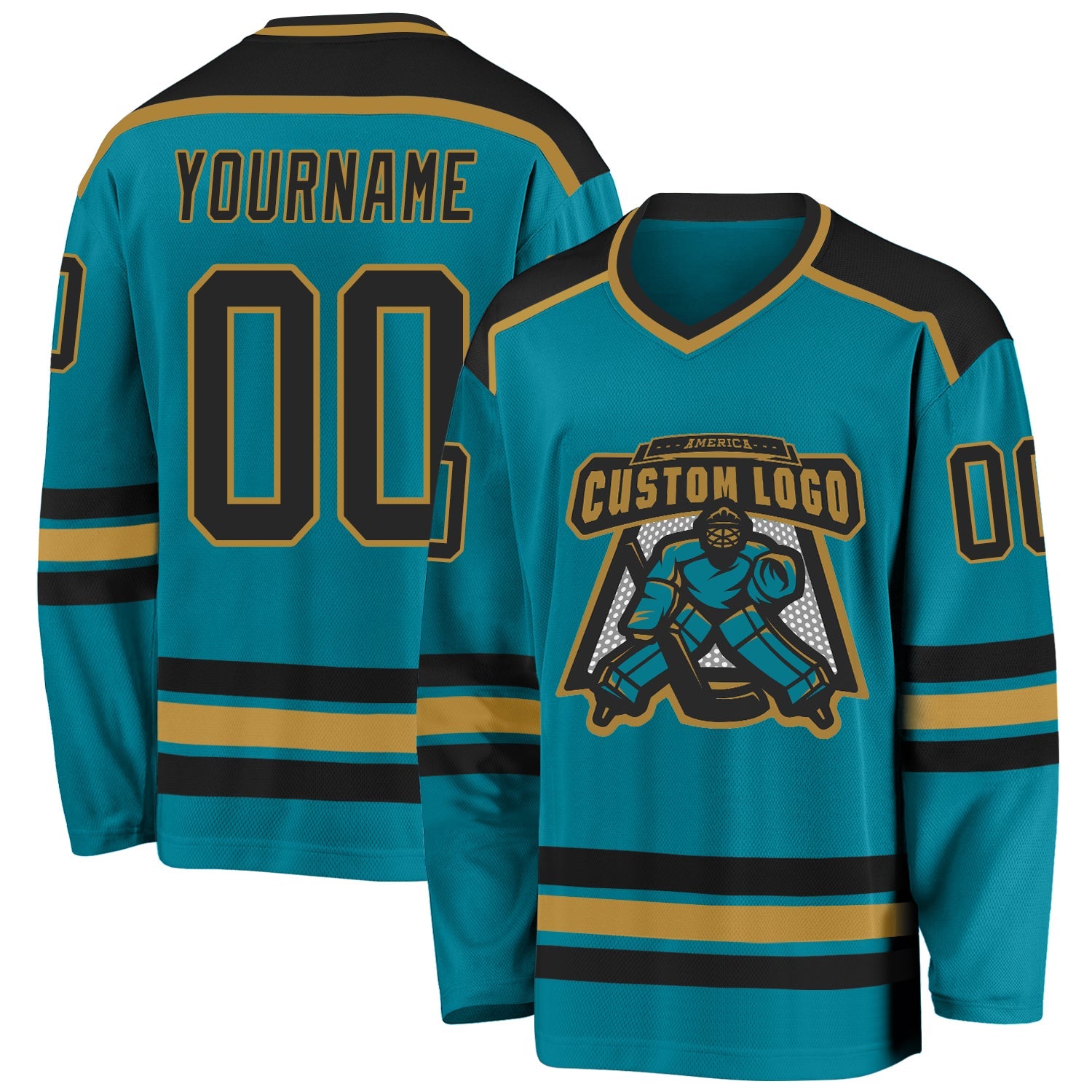 Custom Teal Black-Old Gold Hockey Jersey - Sky-Custom