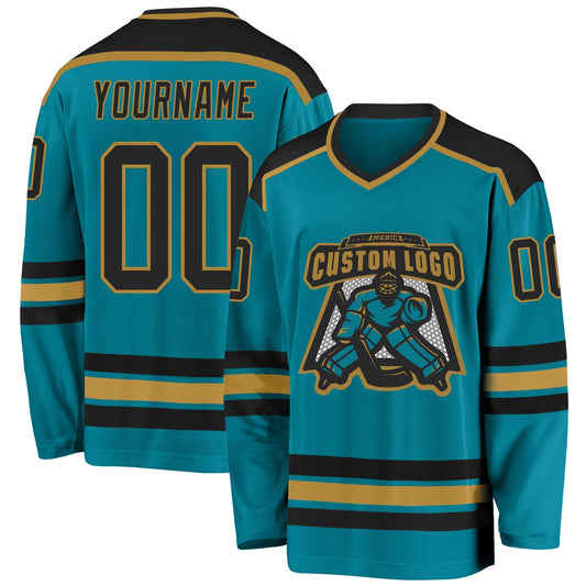 Custom Teal Black-Old Gold Hockey Jersey - Sky-Custom