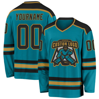 Custom Teal Black-Old Gold Hockey Jersey - Sky-Custom