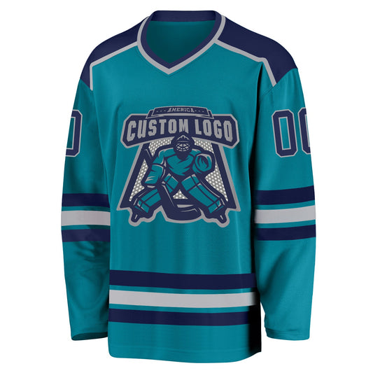 Custom Teal Gray-Navy Hockey Jersey - Sky-Custom