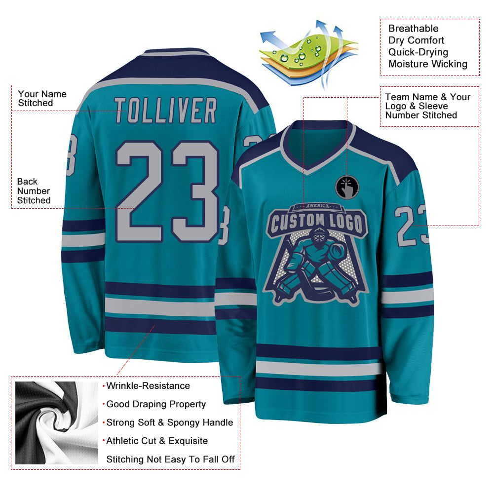 Custom Teal Gray-Navy Hockey Jersey - Sky-Custom