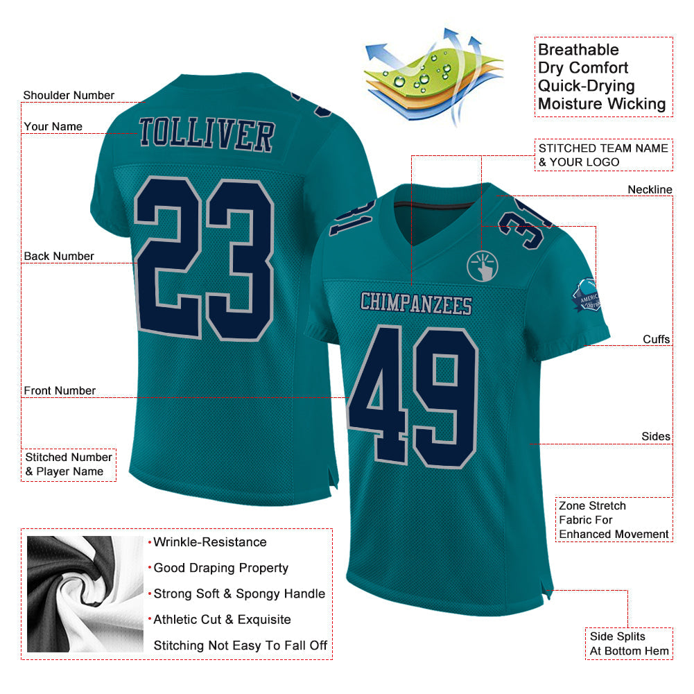 Custom Teal Navy-Gray Mesh Authentic Football Jersey - Sky-Custom