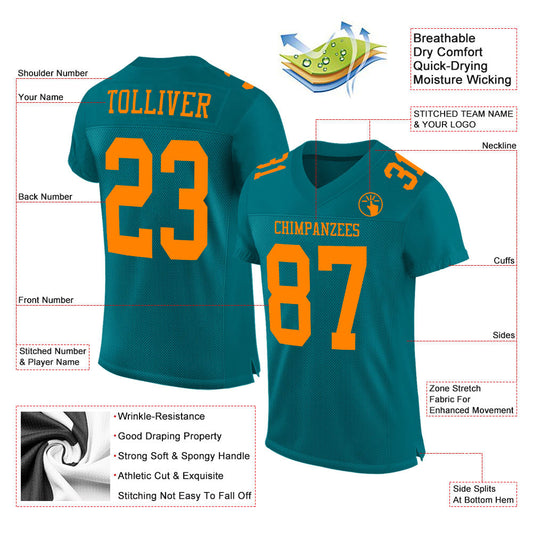 Custom Teal Bay Orange Mesh Authentic Football Jersey - Sky-Custom