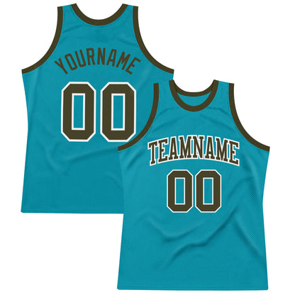 Custom Teal Olive-White Authentic Throwback Basketball Jersey - Sky-Custom