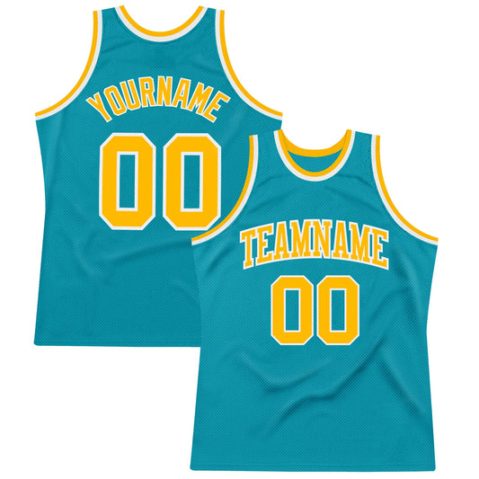 Custom Teal Gold-White Authentic Throwback Basketball Jersey - Sky-Custom
