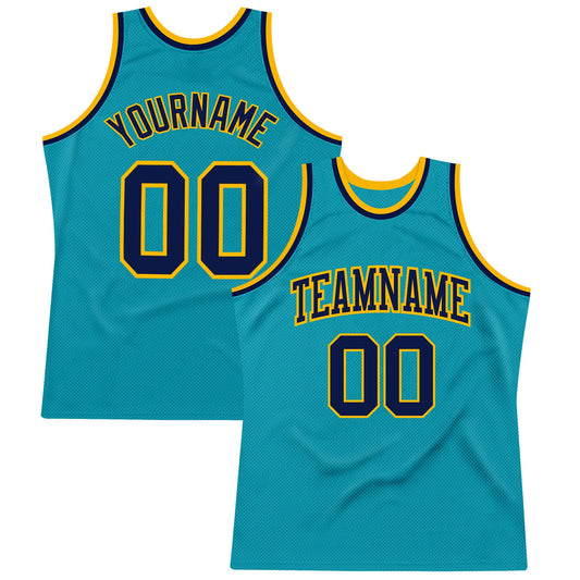 Custom Teal Navy-Gold Authentic Throwback Basketball Jersey - Sky-Custom
