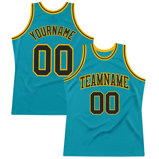 Custom Teal Black-Gold Authentic Throwback Basketball Jersey - Sky-Custom
