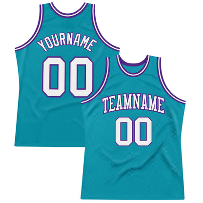 Custom Teal White-Purple Authentic Throwback Basketball Jersey - Sky-Custom
