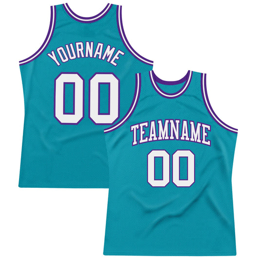 Custom Teal White-Purple Authentic Throwback Basketball Jersey - Sky-Custom