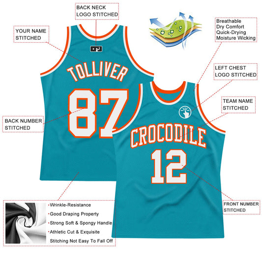 Custom Teal White-Orange Authentic Throwback Basketball Jersey - Sky-Custom