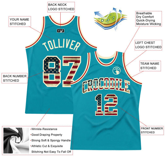 Custom Teal Vintage USA Flag-Cream Authentic Throwback Basketball Jersey - Sky-Custom