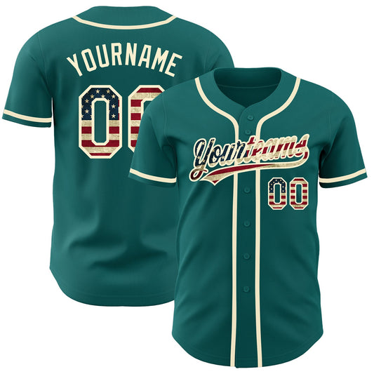 Custom Teal Vintage USA Flag-Cream Authentic Baseball Jersey - Sky-Custom