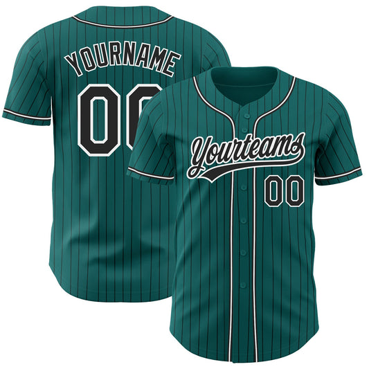 Custom Teal Black Pinstripe Black-White Authentic Baseball Jersey - Sky-Custom