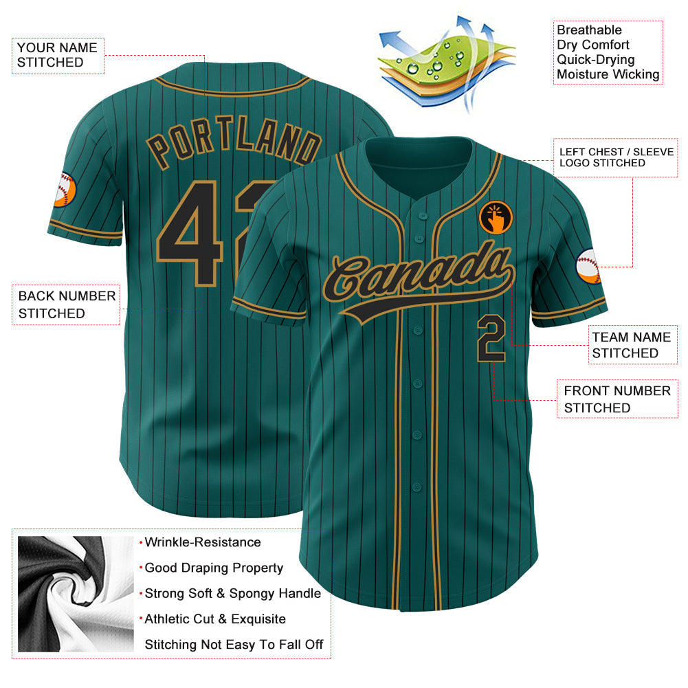 Custom Teal Black Pinstripe Black-Old Gold Authentic Baseball Jersey - Sky-Custom