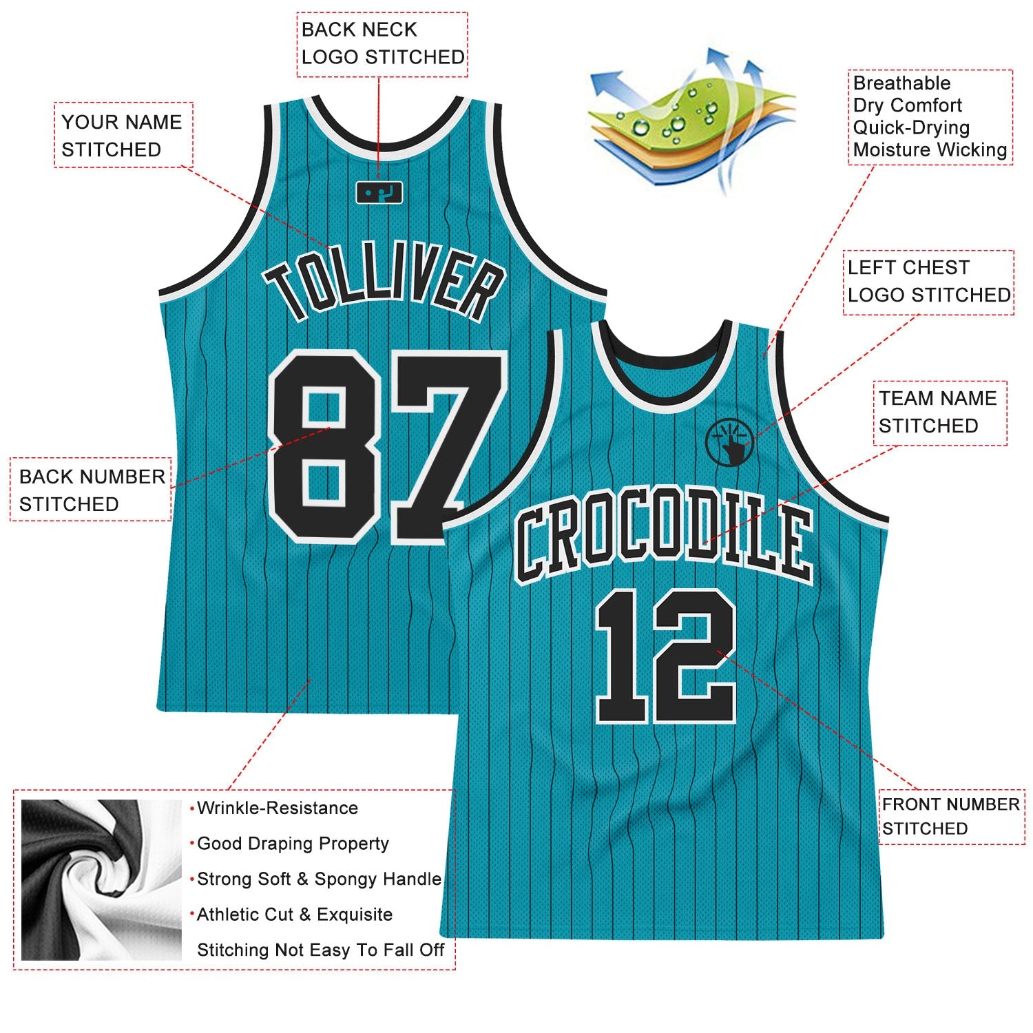 Custom Teal Black Pinstripe Black-White Authentic Basketball Jersey - Sky-Custom