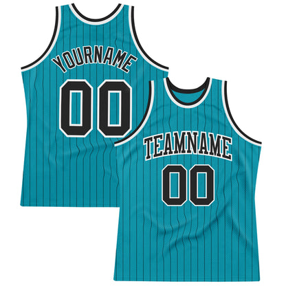 Custom Teal Black Pinstripe Black-White Authentic Basketball Jersey - Sky-Custom