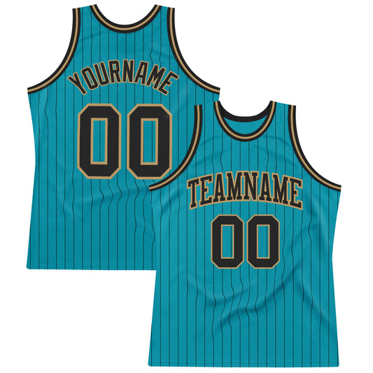 Custom Teal Black Pinstripe Black-Old Gold Authentic Basketball Jersey - Sky-Custom