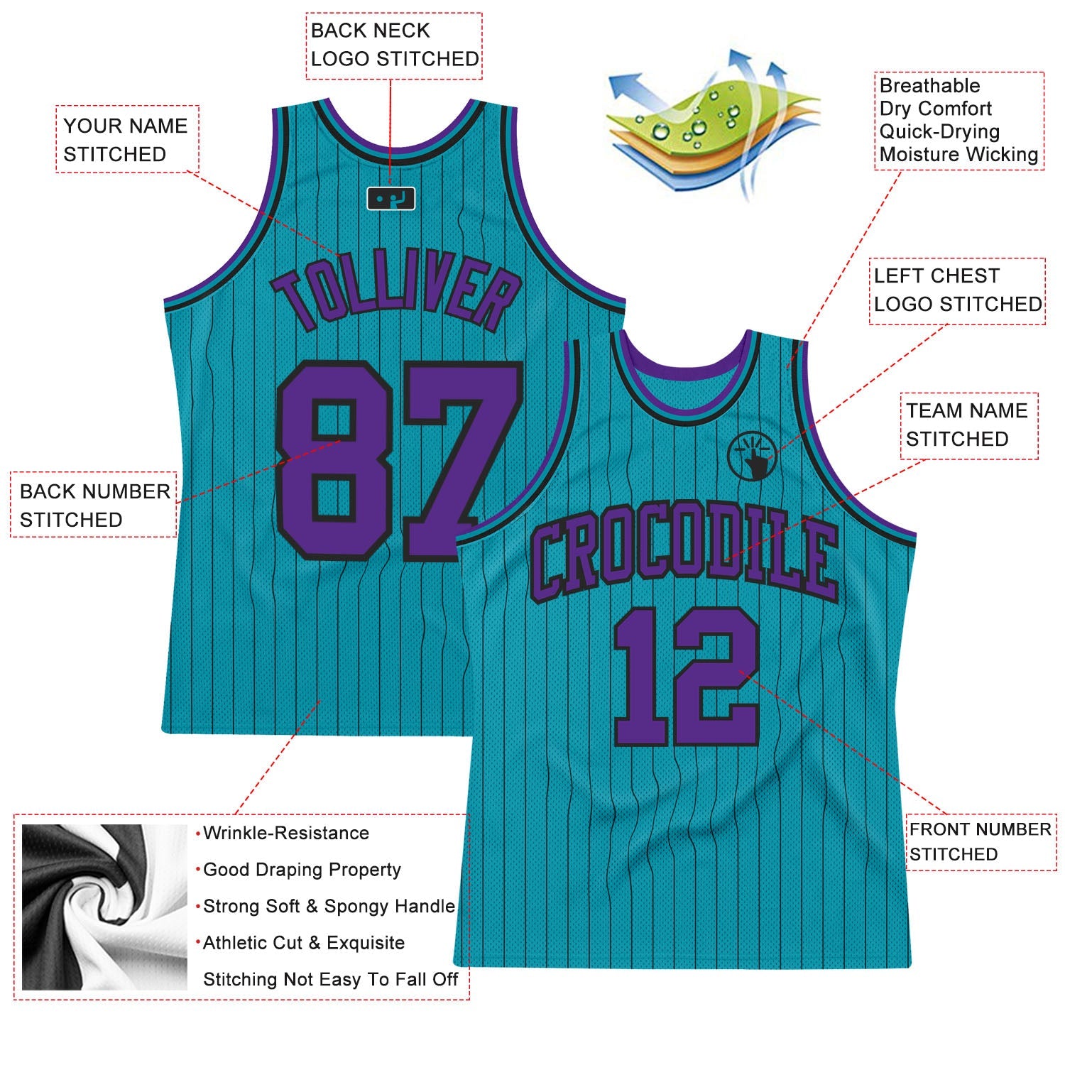 Custom Teal Black Pinstripe Purple Authentic Basketball Jersey - Sky-Custom