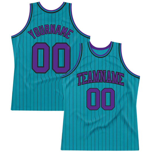 Custom Teal Black Pinstripe Purple Authentic Basketball Jersey - Sky-Custom