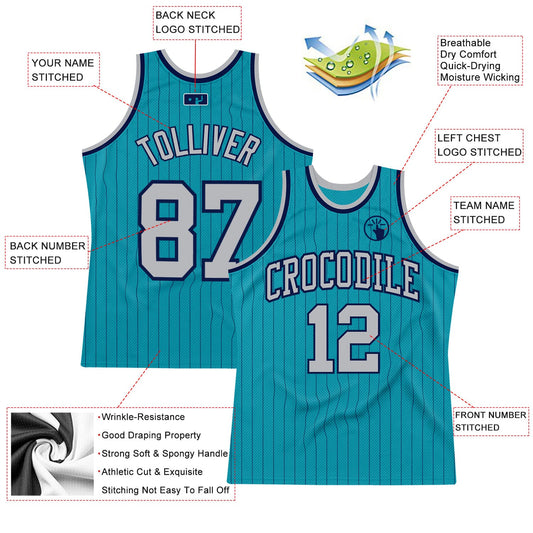 Custom Teal Navy Pinstripe Gray Authentic Basketball Jersey - Sky-Custom
