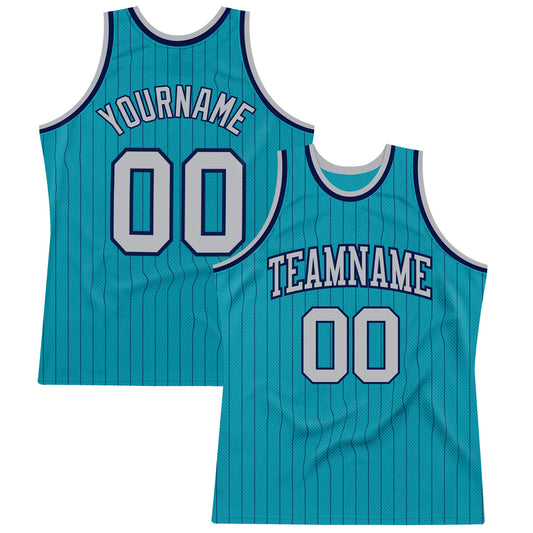 Custom Teal Navy Pinstripe Gray Authentic Basketball Jersey - Sky-Custom