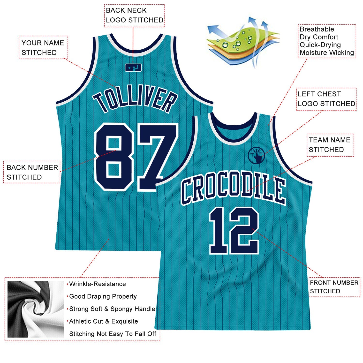 Custom Teal Navy Pinstripe Navy-White Authentic Basketball Jersey - Sky-Custom