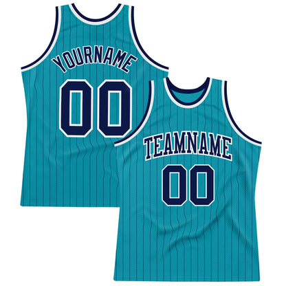Custom Teal Navy Pinstripe Navy-White Authentic Basketball Jersey - Sky-Custom