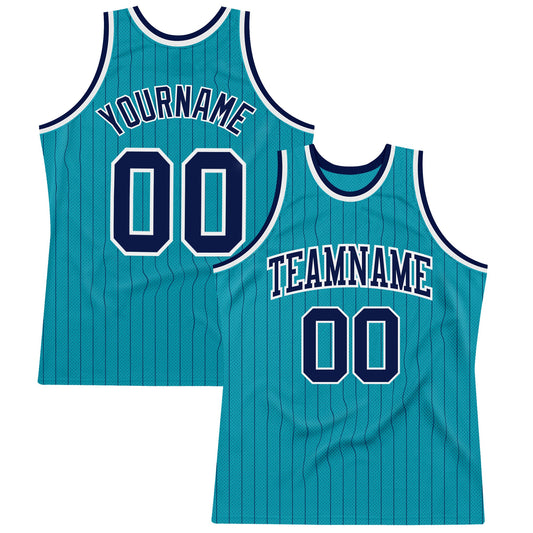 Custom Teal Navy Pinstripe Navy-White Authentic Basketball Jersey - Sky-Custom