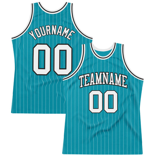 Custom Teal White Pinstripe White-Black Authentic Basketball Jersey - Sky-Custom