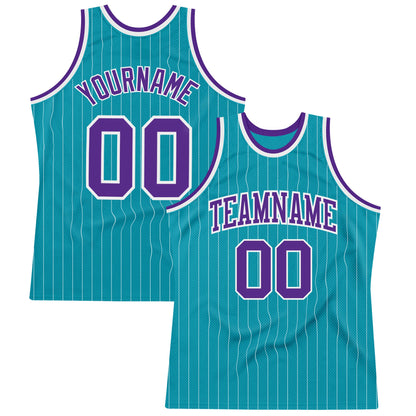 Custom Teal White Pinstripe Purple Authentic Basketball Jersey - Sky-Custom