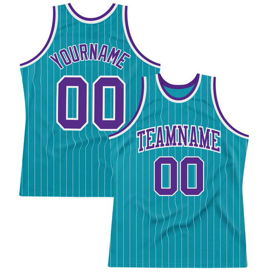 Custom Teal White Pinstripe Purple Authentic Basketball Jersey - Sky-Custom
