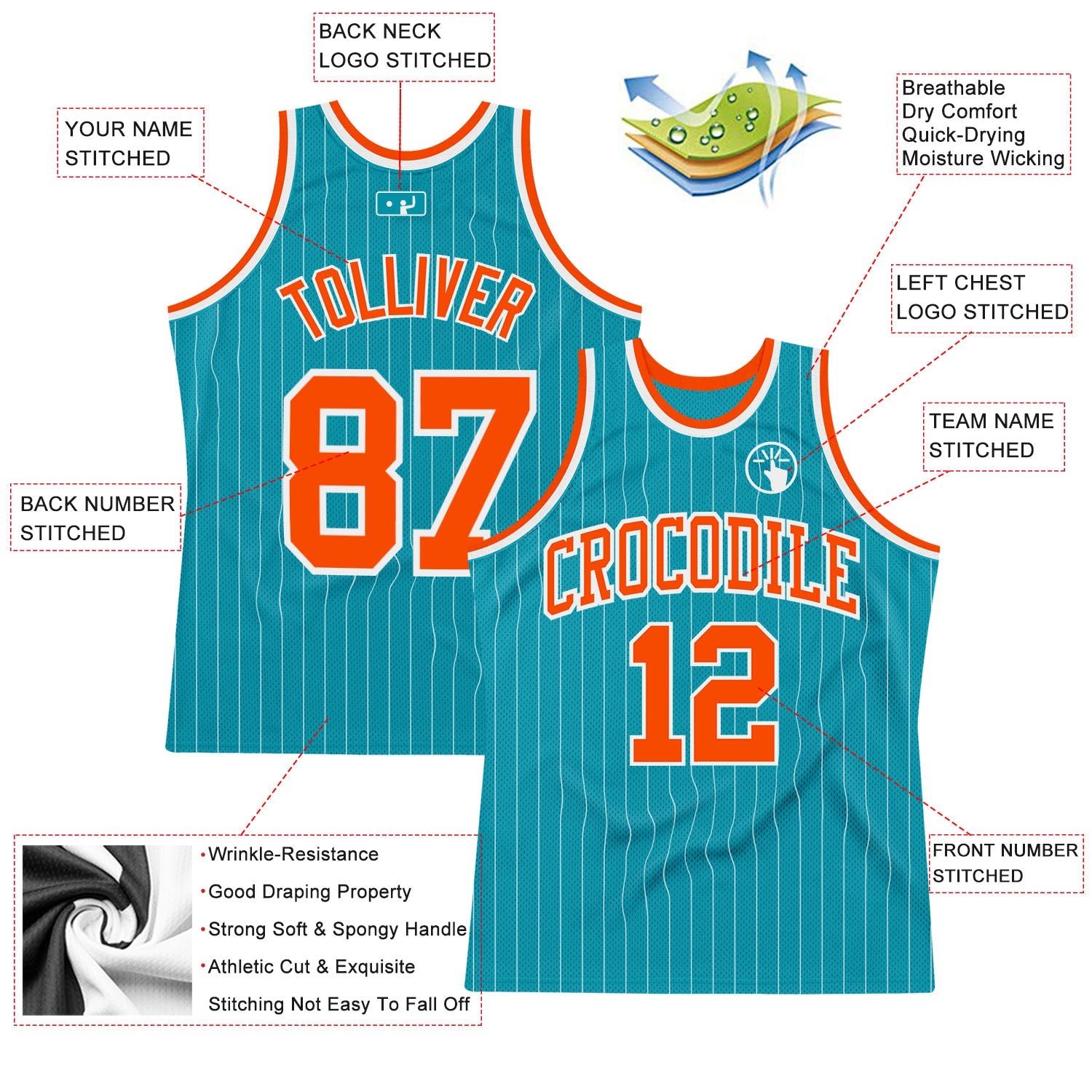 Custom Teal White Pinstripe Orange Authentic Basketball Jersey - Sky-Custom
