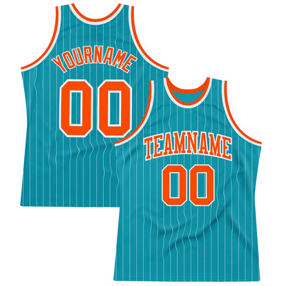 Custom Teal White Pinstripe Orange Authentic Basketball Jersey - Sky-Custom