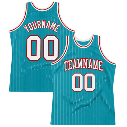 Custom Teal White Pinstripe White-Red Authentic Basketball Jersey - Sky-Custom