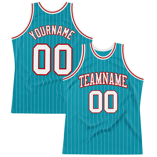 Custom Teal White Pinstripe White-Red Authentic Basketball Jersey - Sky-Custom